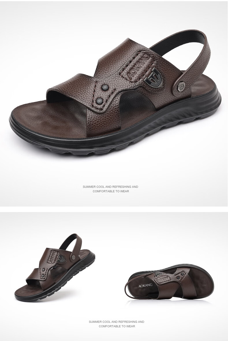 Aokang Father's Day Sandals for Men, Cowhide Leather, Summer Soft-Soled Casual Beach Shoes, Versatile Trendy Two-Way Slippers, Black, Size 38 21