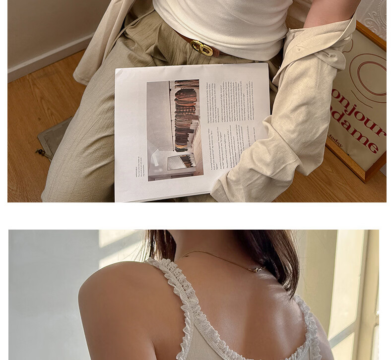 Modal Ribbed Cotton Camisole Tank Top for Women with Wheat Ear Lace Trim Slim Fit Basic Outerwear in Beige 22