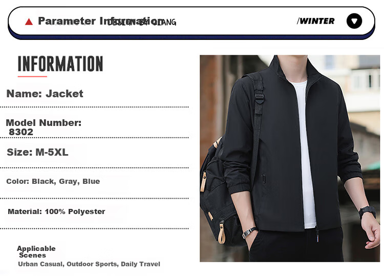 TUCANO Men's Spring Autumn Stand Collar Comfortable Business Casual Jacket Versatile Sports Solid Color Top Black L 3