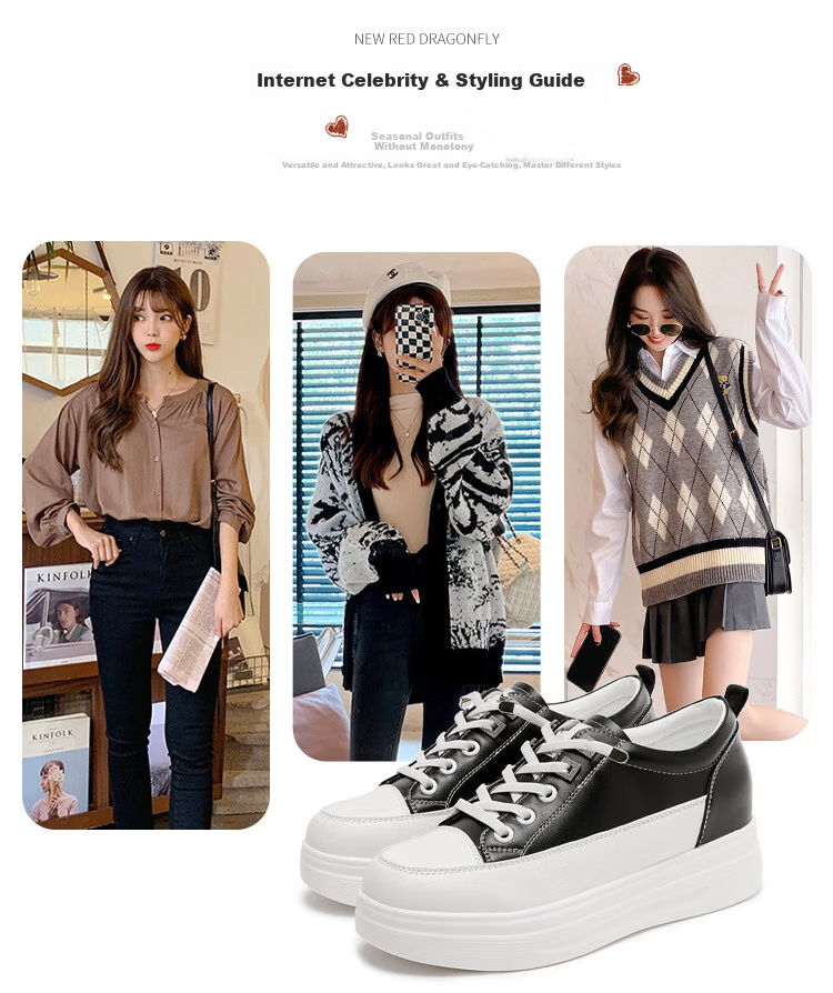 RED DRAGONFLY Women's Thick Sole Height Increasing Elastic Band Casual White Sneakers WPB34003 White Black Size 39 7