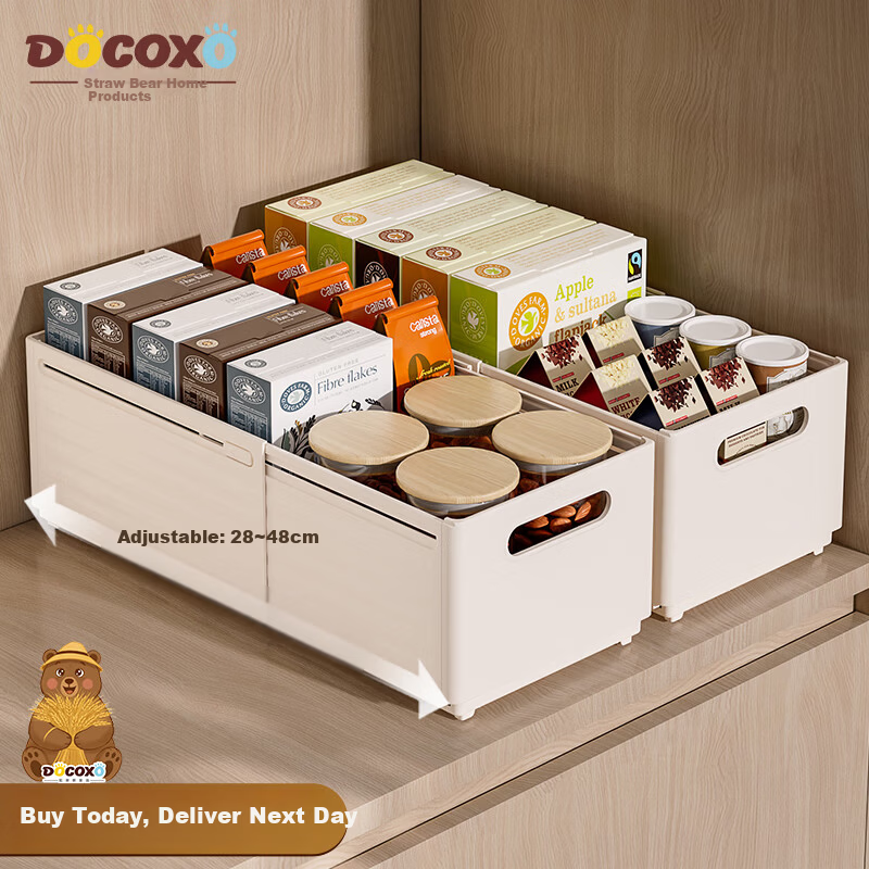 DOCOXO Retractable Storage Box Cabinet Drawer Desktop Snack Miscellaneous Kitchen Organizer Cream White Small Size