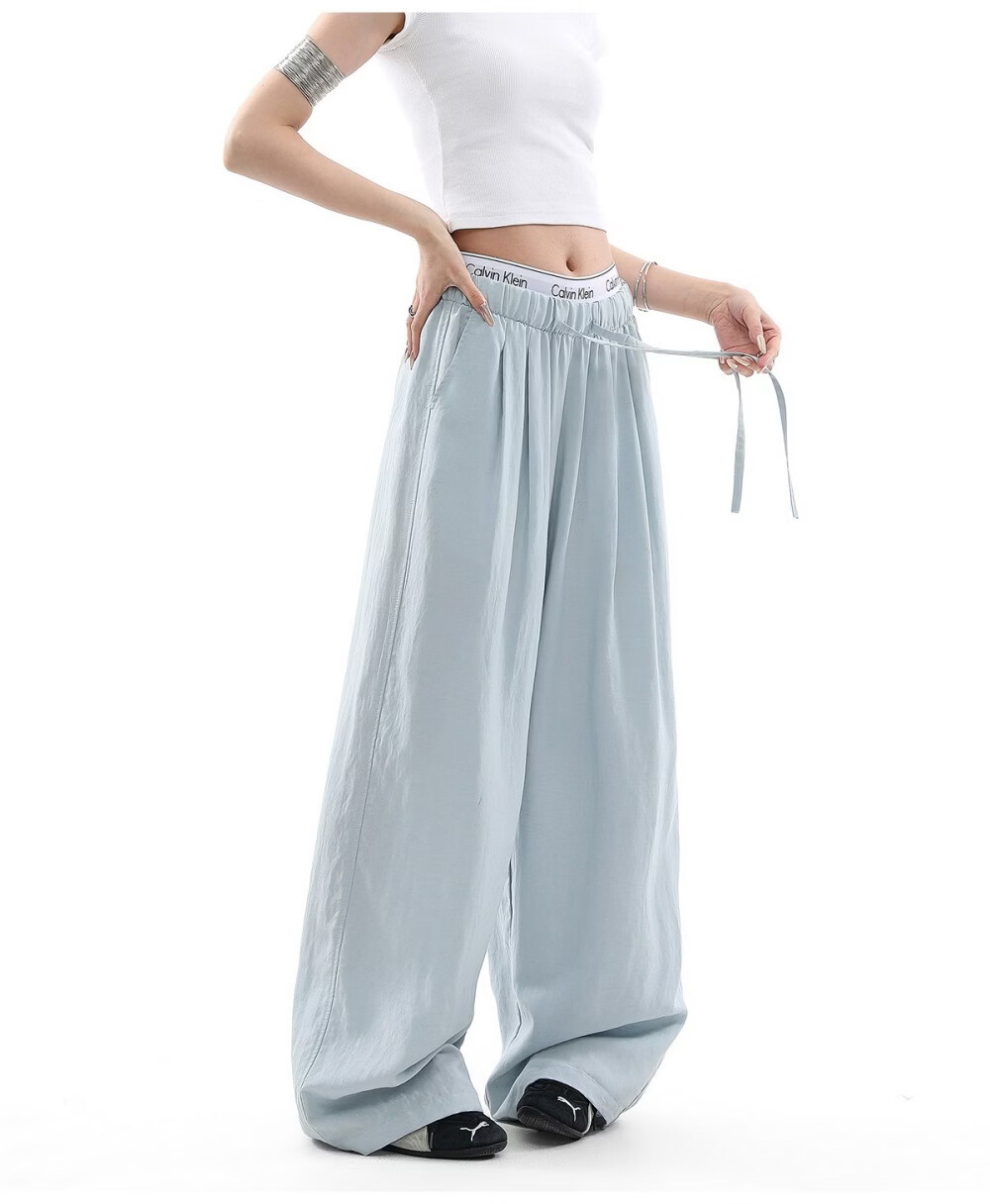 ICH MODE Women's Draped Linen Casual Pants New Loose Straight Wide-Leg Trousers Sports Pants Four Seasons Navy Blue S 8