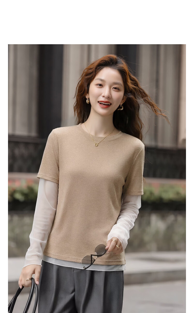 Demana Breathable Linen Spring Simple Colorblock Crew Neck Slim Fit Stretchy Women's T-Shirt 4