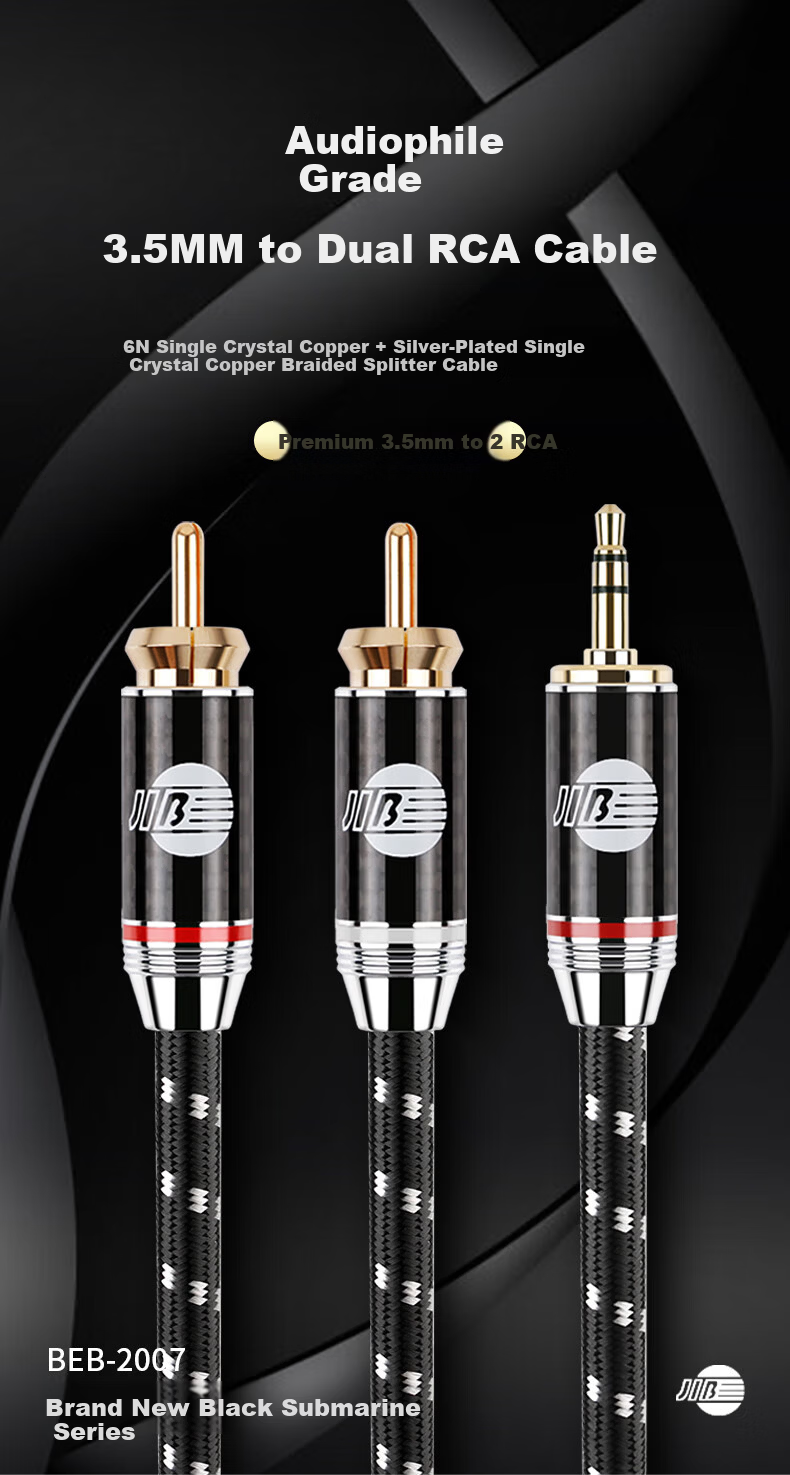 JIB Flagship 3.5mm to Dual RCA Audio Cable Splitter 2RCA Adapter Cable for Phone Computer Player to Amplifier Active Speaker Cable BEB-2007 1m 1