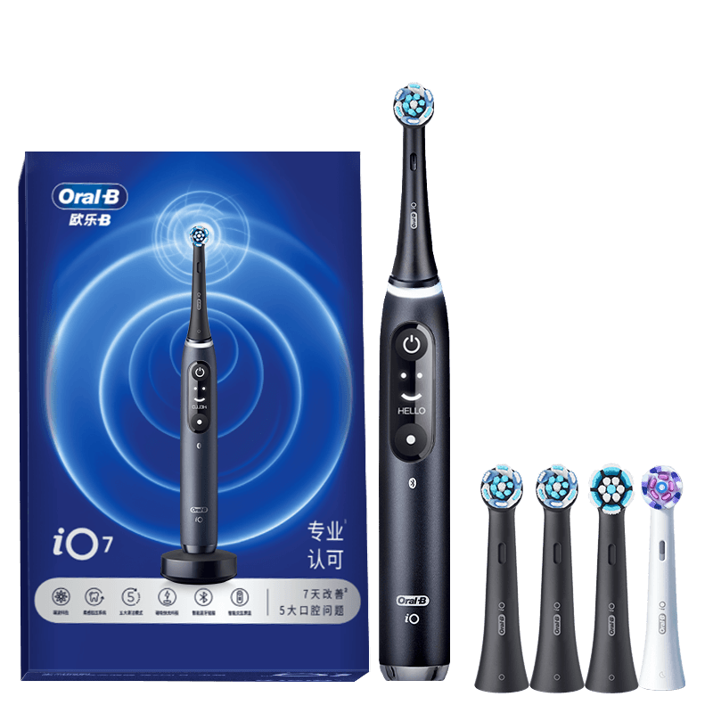 Oral-B Germany Imported Smart Electric Toothbrush Adult iO7 Professional All-in-One Black Brush Heads x4 Deep Cleaning Gum Care Mother's Day Gift (Random New or Old Packaging)