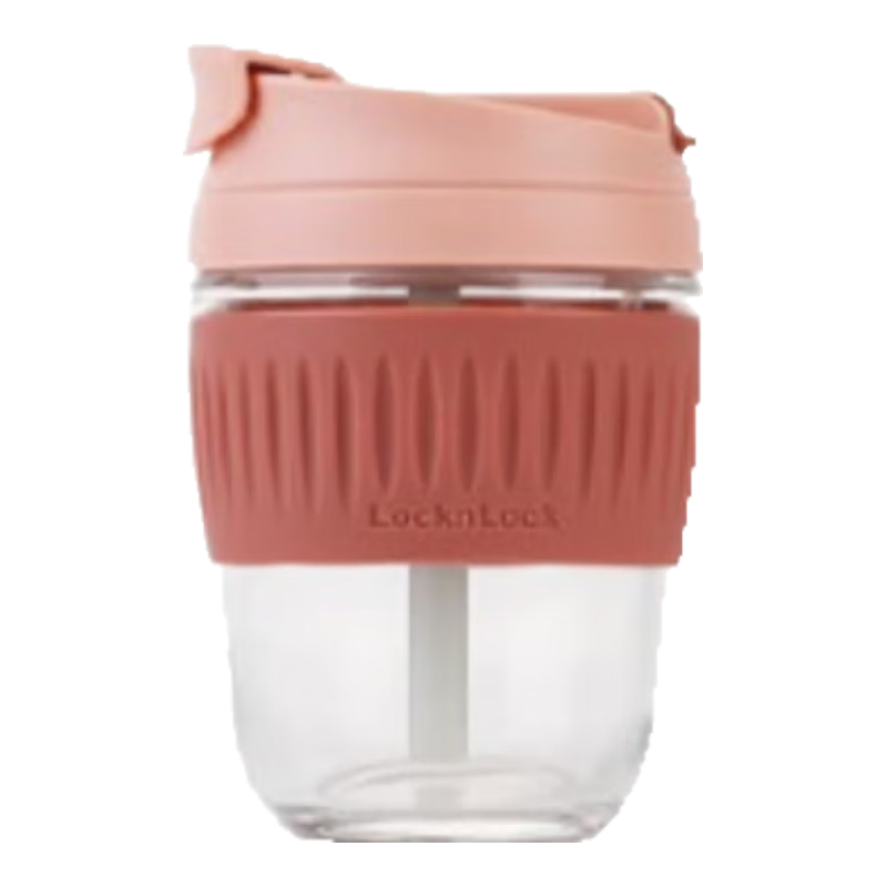 LOCK&LOCK Coffee Mug Heat-Resistant Glass Water Cup for Men And Women Students Portable Double-Drinking Straw Cup Portable Cup 350ML Pink