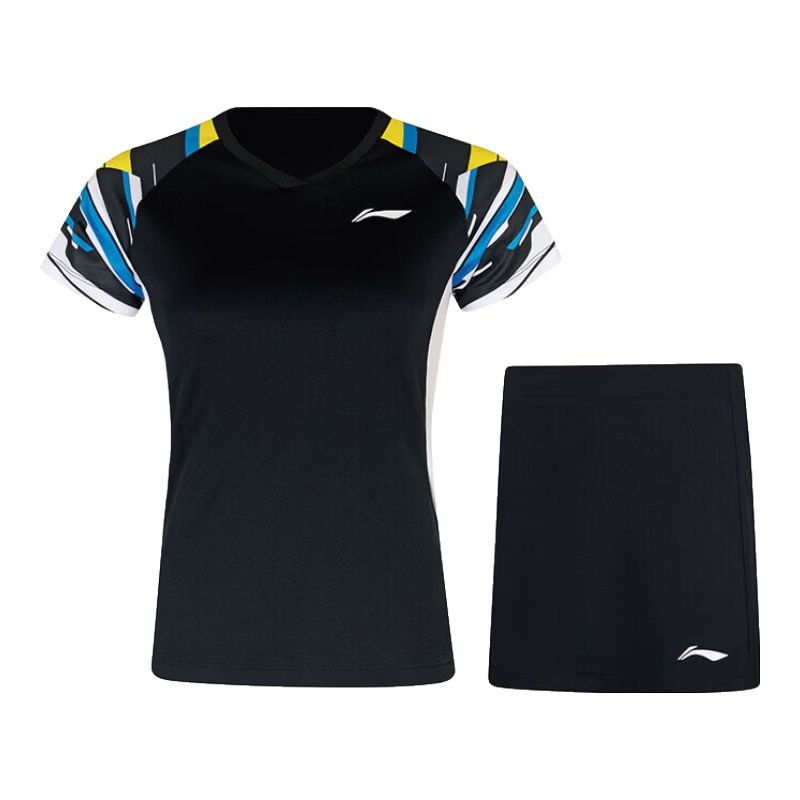 LI-NING Women's Badminton Competition Training Set Quick-Dry T-Shirt and Skirt Sportswear AATW016-1 Black L