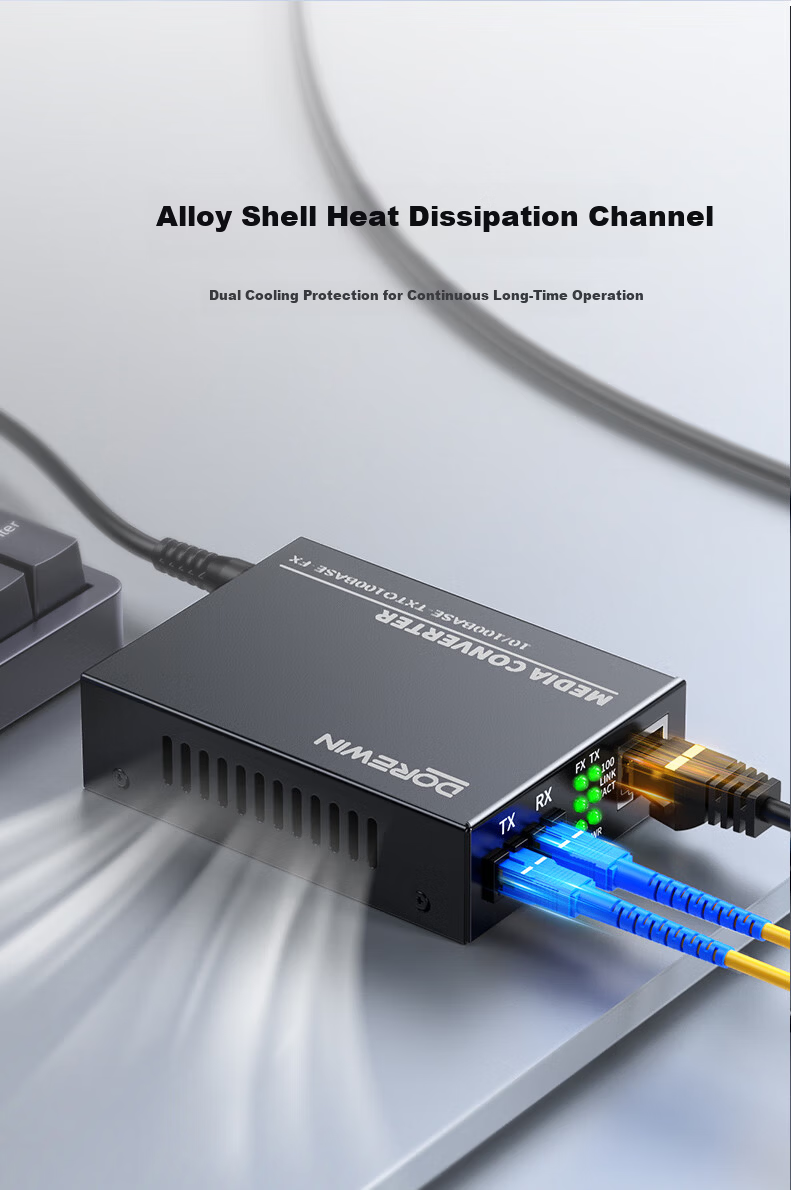 DOREWIN 100Mbps Single-Mode Dual-Fiber Optical Transceiver Lightning Surge Protected Fiber to Ethernet Converter Network Monitoring SC Interface 20KM Single Unit 7