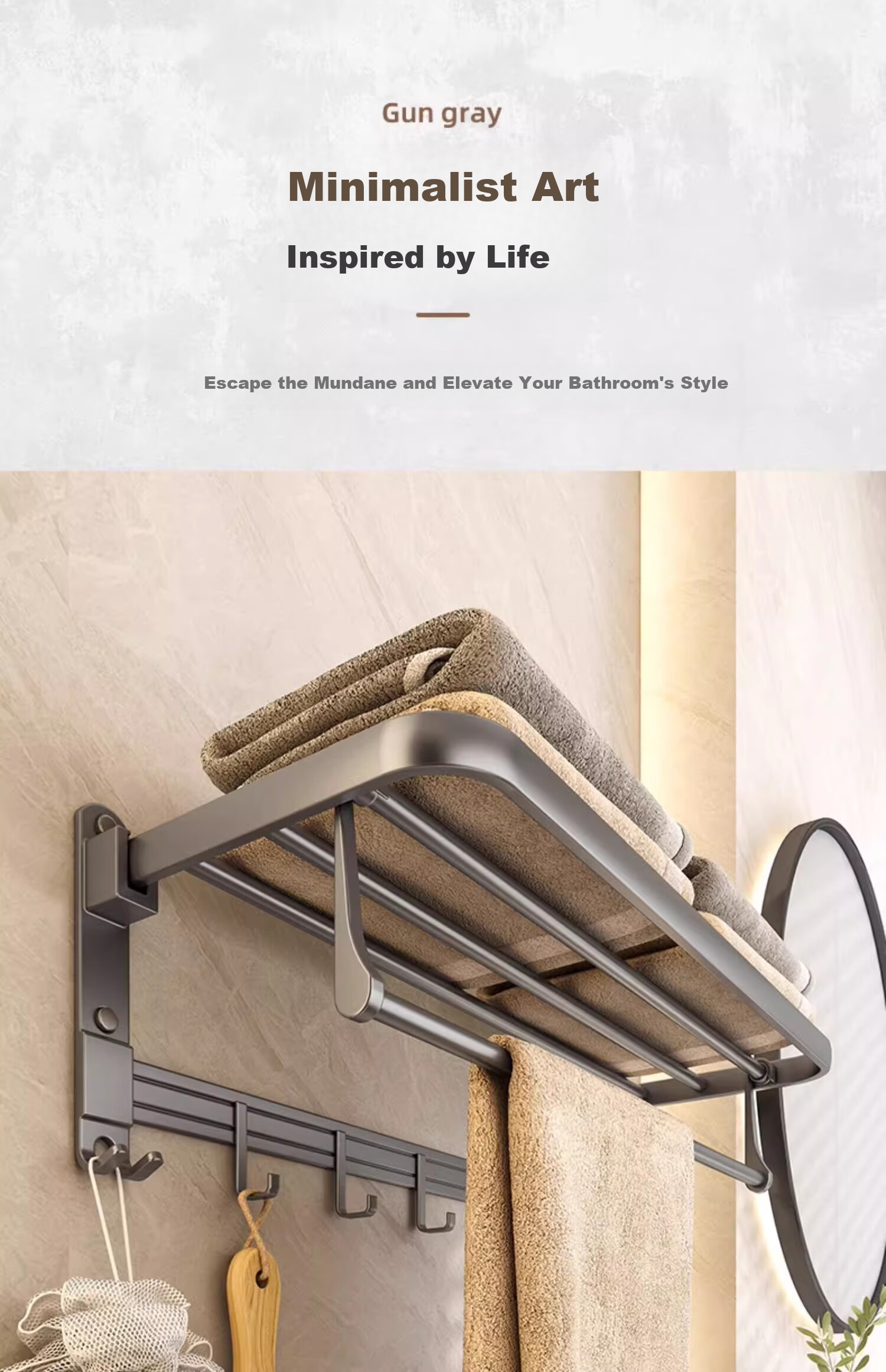 Youqin Gunmetal Towel Rack Bathroom No-Drill Towel Storage Rack Wall-Mounted Space Aluminum Bathroom Toilet Hanging Rod 6