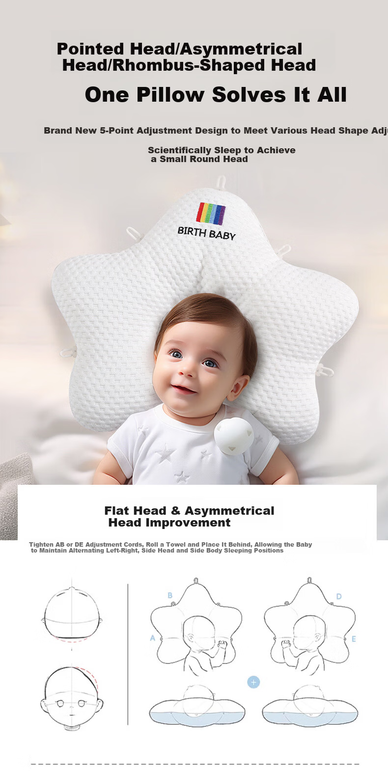 J.Sir Shaping Pillow for Babies 0-6 Months Newborn Round Head Corrective Drawstring Infant Sleep Pillow 5