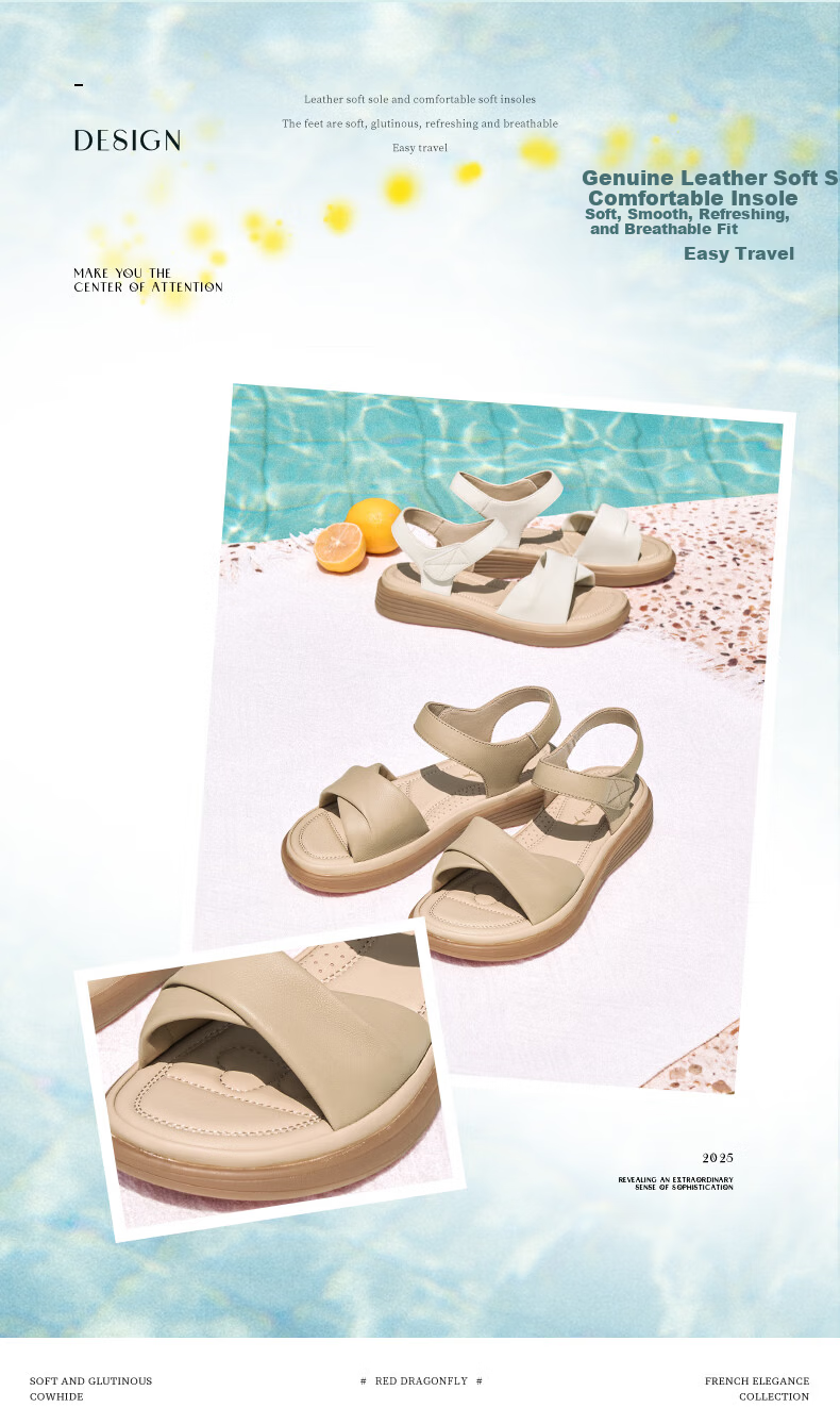 RED DRAGONFLY Genuine Leather Mom Sandals, Summer Sheepskin Soft-Soled Comfortable Non-Fatiguing Middle-Aged And Elderly Sandals WJK25865 Beige 38 2