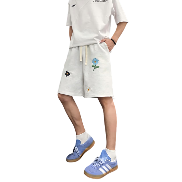 Dingfengbaoluo Cotton Feel Casual Sports Shorts for Men Summer Loose Floral Embroidery Simple Five-Point Pants SJ44 White Flower Gray XL