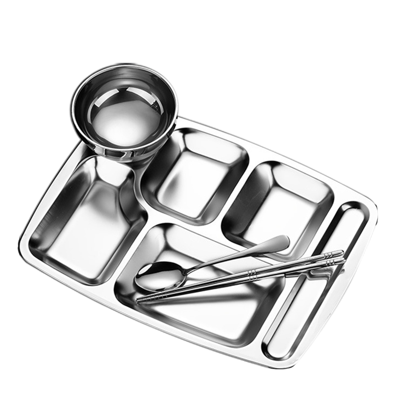 Oluoti 304 Stainless Steel Commercial Multi-Compartment Lunch Tray Student Six-Compartment Meal Plate Set