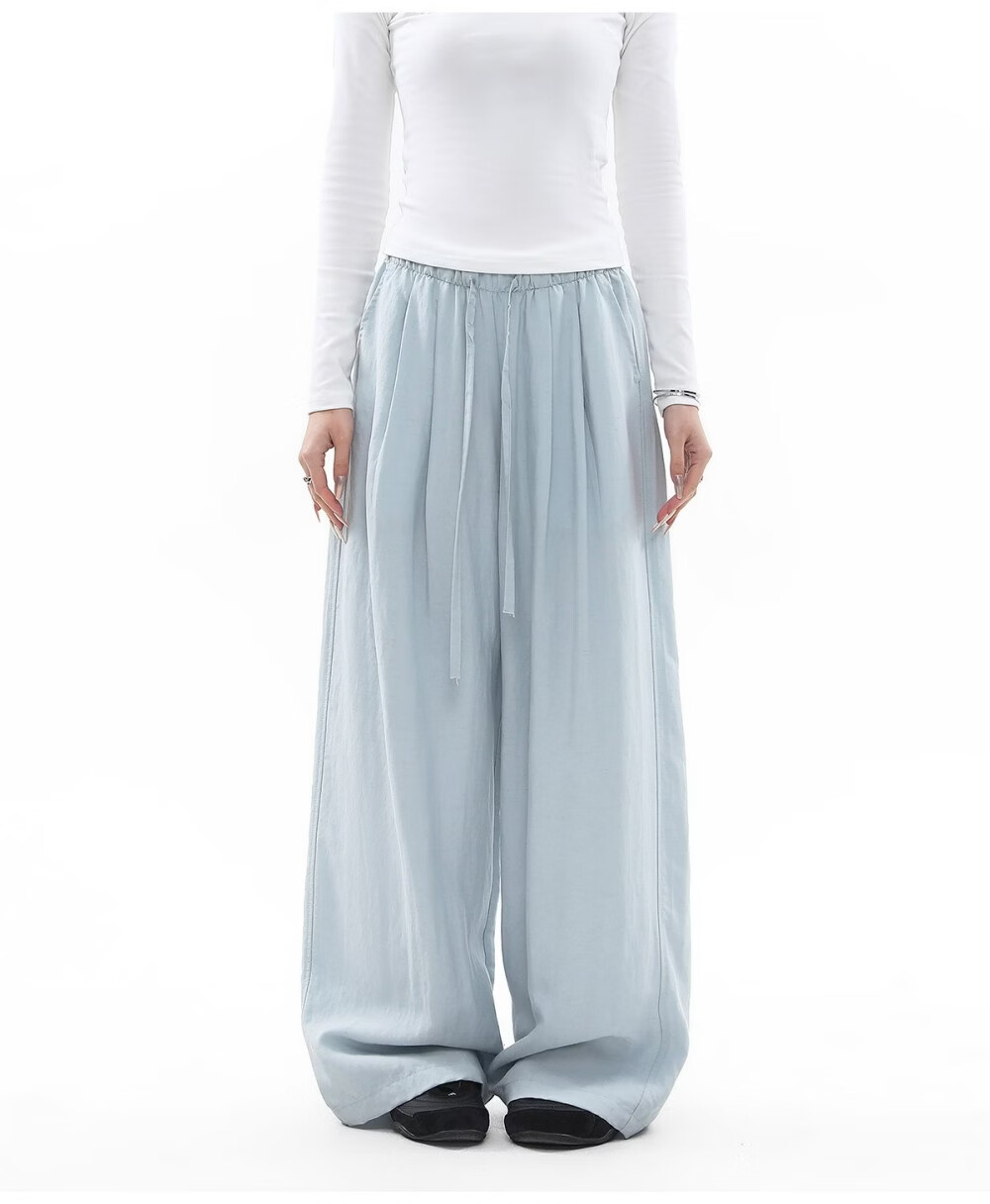 ICH MODE Women's Draped Linen Casual Pants New Loose Straight Wide-Leg Trousers Sports Pants Four Seasons Navy Blue S 6