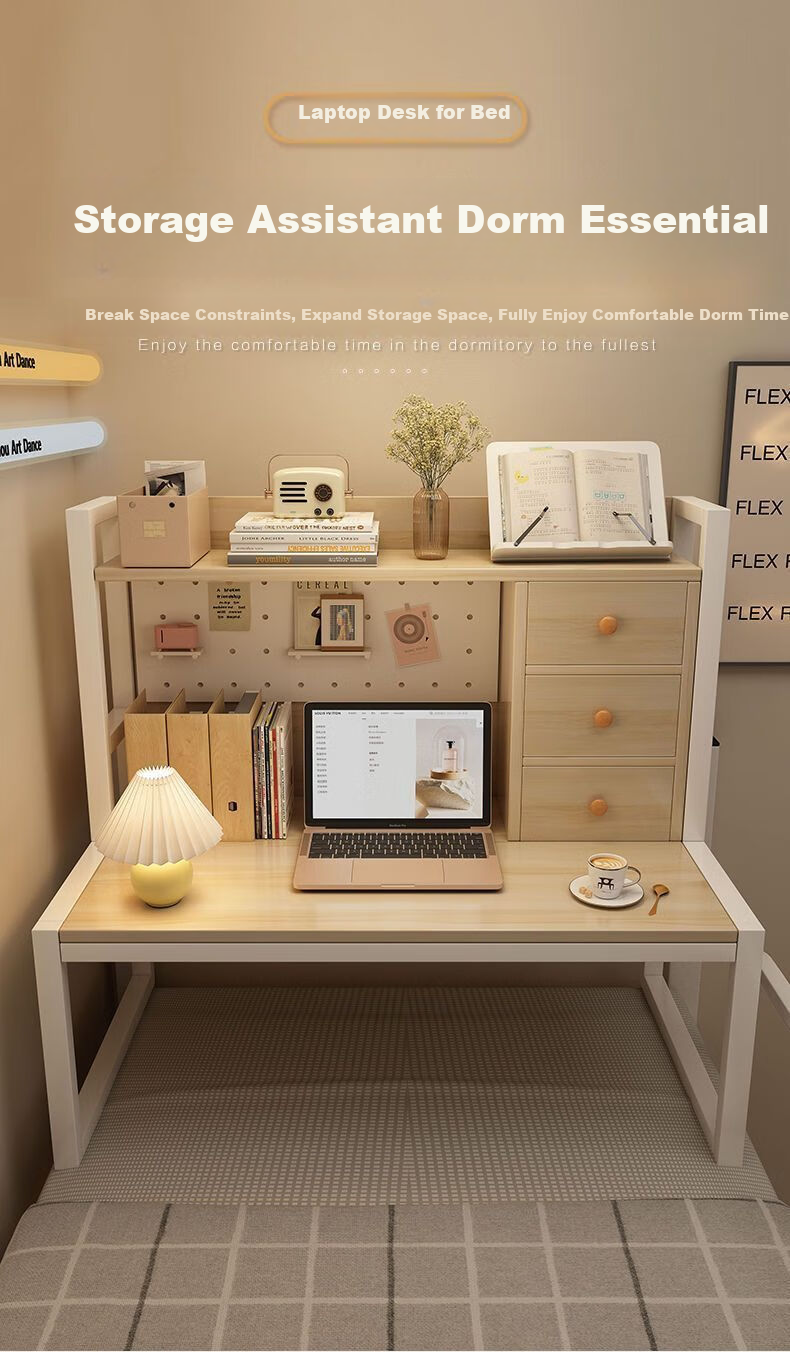 OLENOUFENG Computer Desk Bed Laptop Table Dormitory with Bookshelf Bedside Study Desk with Backboard - 80*40*92cm 2