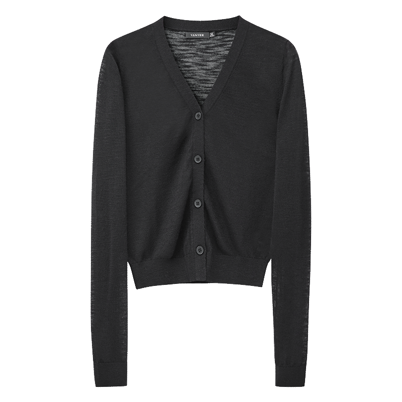 Yanyu Long Sleeve Lightweight Knit Cardigan Women 2026 Summer Simple Versatile V-Neck Top Black M