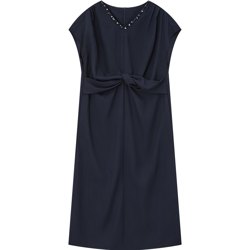 Demana Elegant Commuter Summer V-Neck Hand-Beaded Knot Shoulder-Cover Sleeve Loose Dress for Women Premium Feel