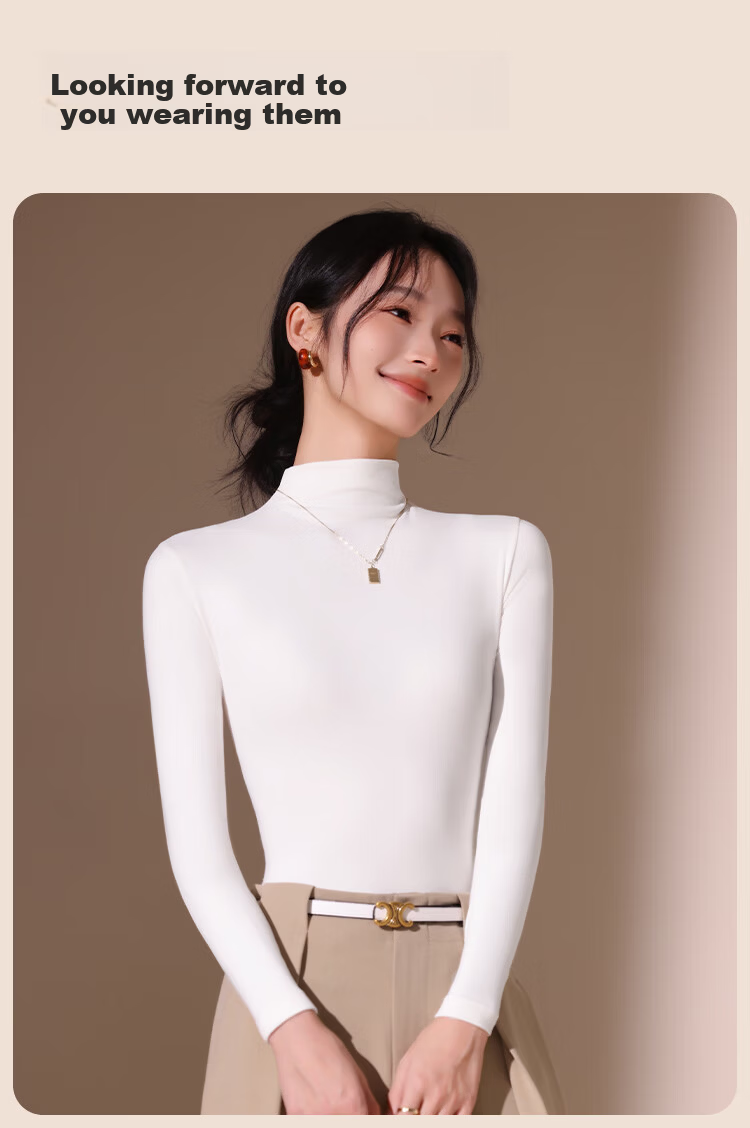 Urban Beauty Camellia Moisturizing Semi-Turtleneck Fleece-Lined Long Sleeve Base Layer Top for Women Autumn Winter High Elastic Soft Inner Wear 11