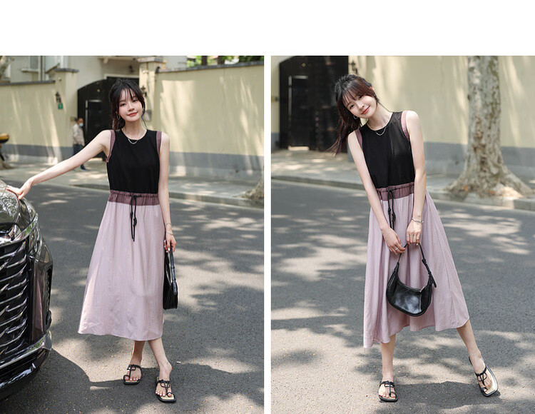MT Relax Trio Summer Urban Colorblock Drawstring Crew Neck Sleeveless T-Shirt Style Long Dress for Women 10