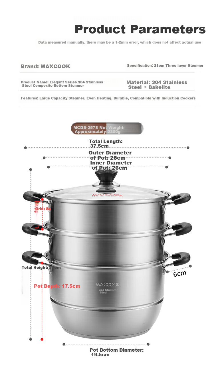 MAXCOOK 26cm Double-Layer 304 Stainless Steel Steamer Pot Thickened Household Steaming and Cooking Soup Pot for Gas Stove and Induction Cooker MCZ4253 4
