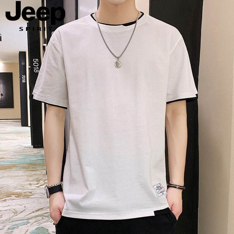 JEEP SPIRIT Classic Popular Fake Two-Piece Short Sleeve Men's Pure Cotton T-Shirt White M