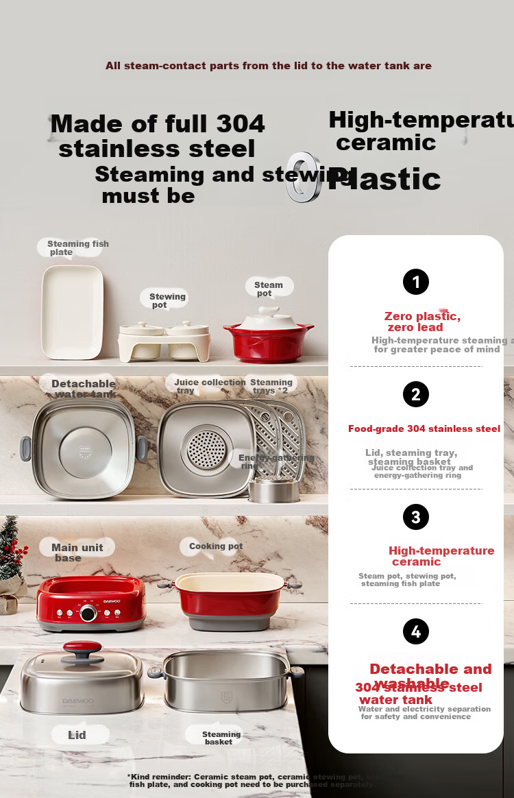 DAEWOO S38PRO 20L 3-Tier Multi-Functional Electric Steamer Hot Pot Stainless Steel 304 0-Coating Removable Household Steamer with Reservation Function 12