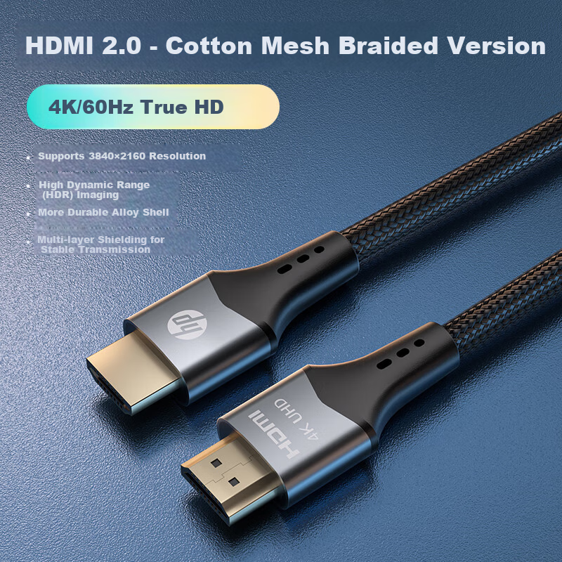 HP HDMI Cable 2M 4K60Hz Digital High-Definition HDMI 2.0 Cable for Laptop Set-Top Box TV Projector Monitor with Cotton Braided Wire