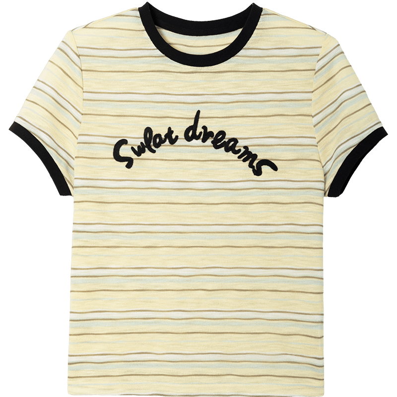 Demana American Casual Summer Retro Color-Block Embroidered Letter Striped Slim Fit T-Shirt for Women