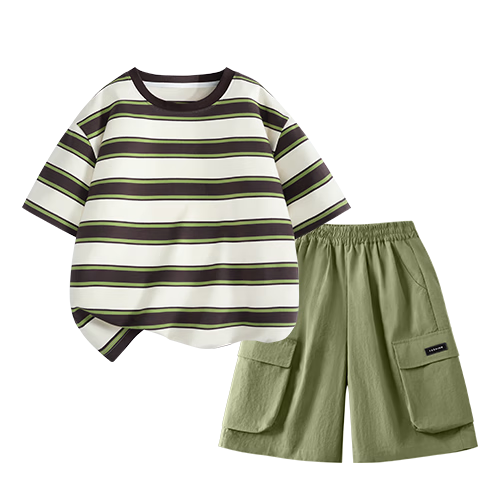 Mark Fairwhale Kids Summer Set Boys Short Sleeve T-Shirt Quick-Dry Shorts Summer Outfit Beige Coffee + Army Green 140