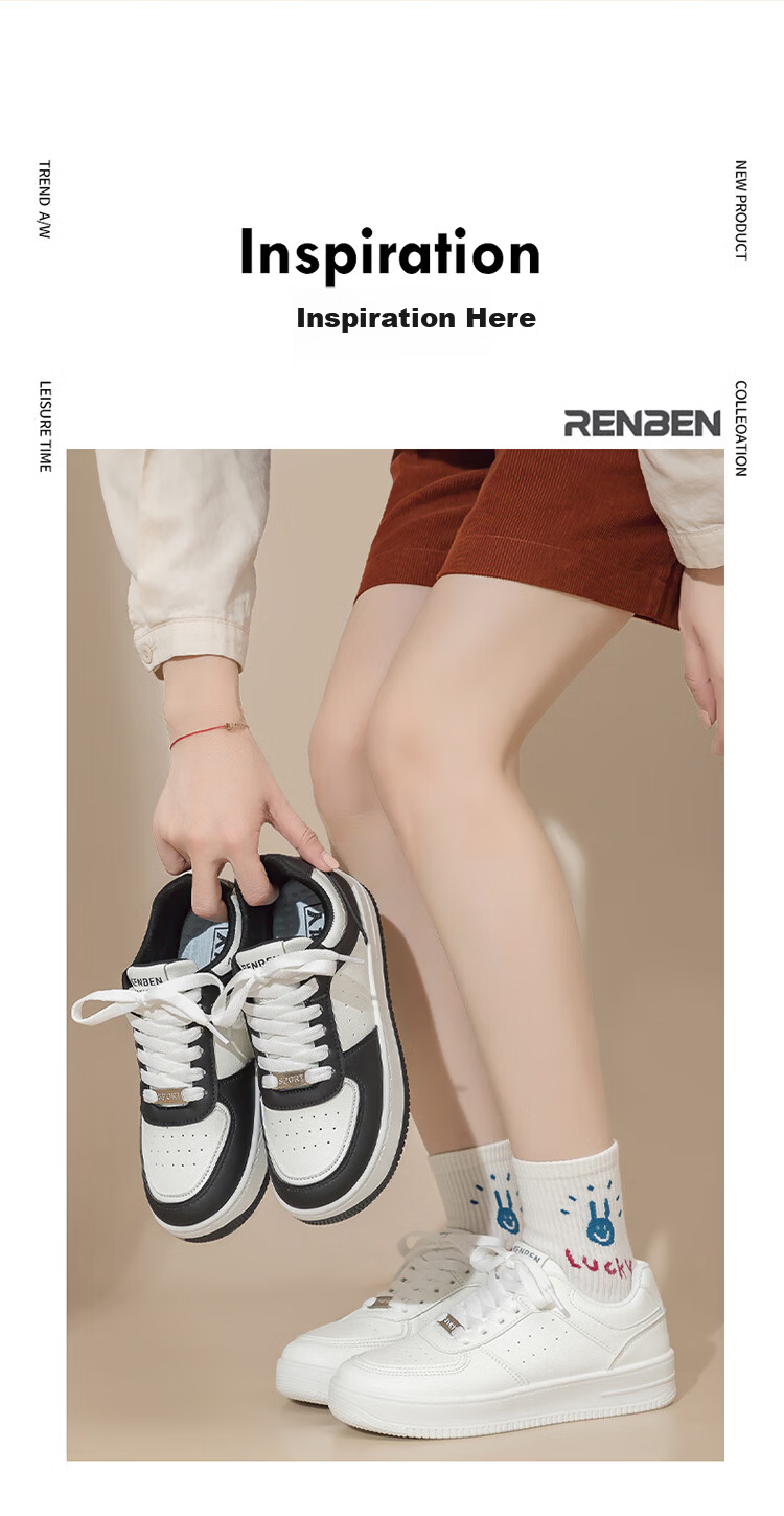 RENBEN Classic Versatile Chic Women's Shoes Small Niche Thick Sole Casual White Sneakers Simple Ultra Soft Comfortable Skate Shoes 8
