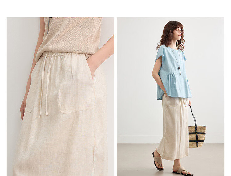Demana [with Linen Lyocell] Summer Minimalist Commuter Split Drawstring Elastic Waist Slimming Mid-Length Skirt for Women 6