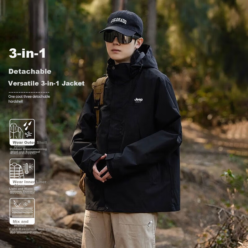 JEEP SPIRIT Men's Autumn Winter Colorblock Softshell Jacket 3-in-1 Mountaineering Coat Military Green [3-in-1] M