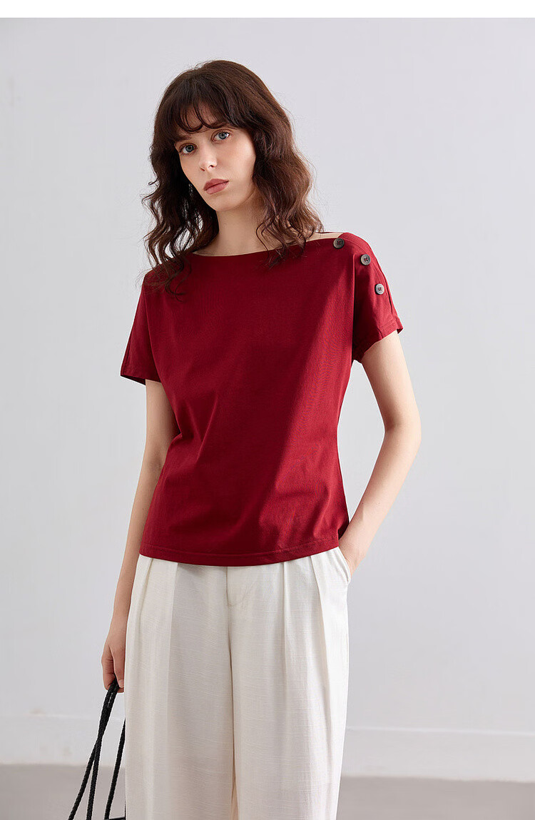 Demana [Cool Sorona] Summer Elegant Off-Shoulder Raglan Sleeve Button Decor Slim Fit Petite Women's T-Shirt 16