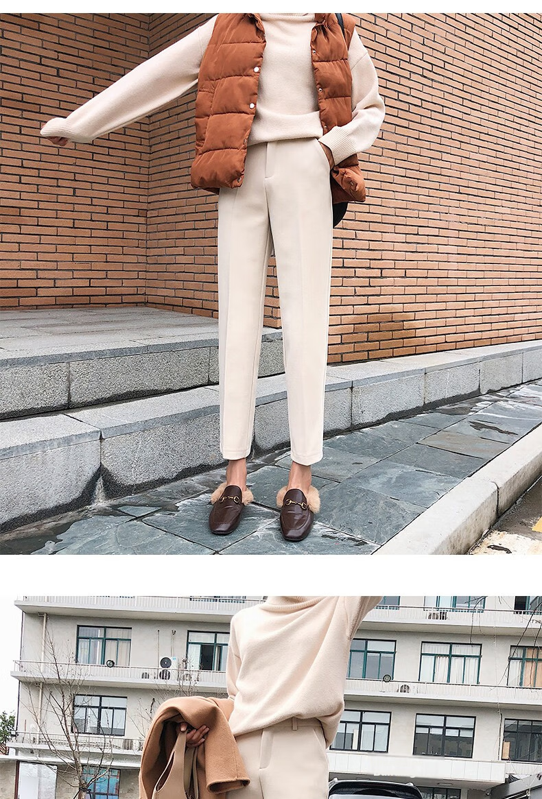 Langsha Women's Woolen Autumn Winter Straight-leg Harem Cropped Carrot Pants Loose Casual Trousers 15