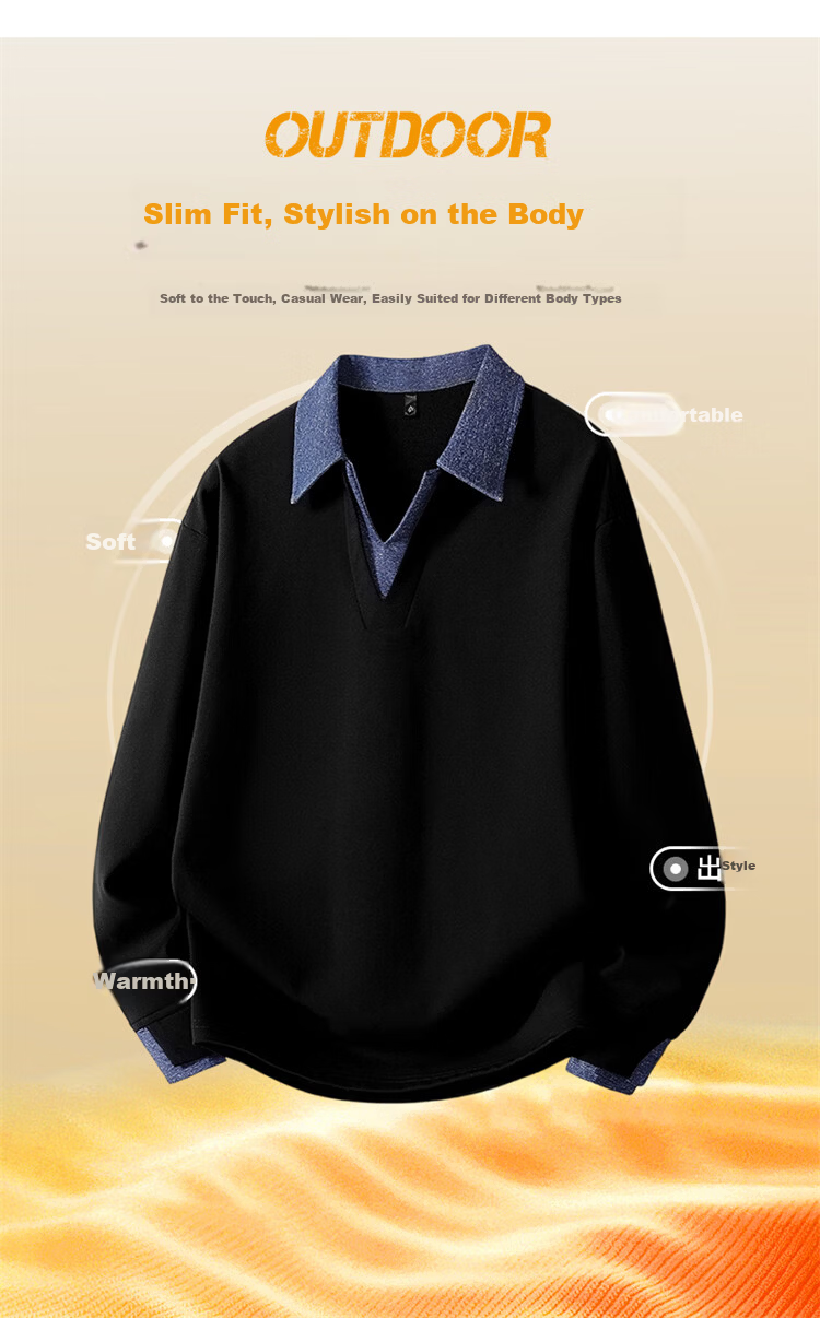 JEEP SPIRIT Men's American Style Turn-Down Collar Sweatshirt Spring Fake Two-Piece Color Block Long Sleeve Shirt Black M 1