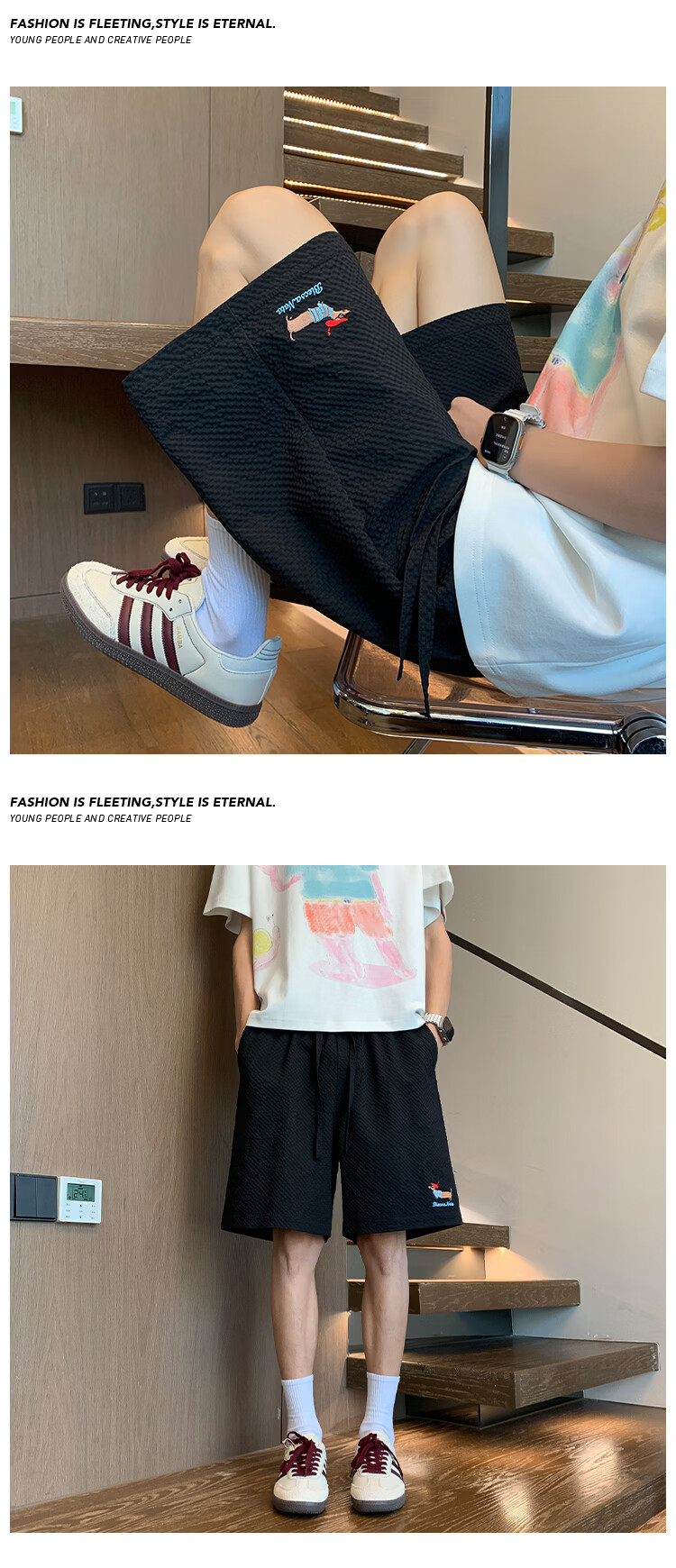 POUM American Vintage Dachshund Embroidered Shorts Men's Summer High Street Trendy Wide-Leg Pants HK26225 Black XL 2