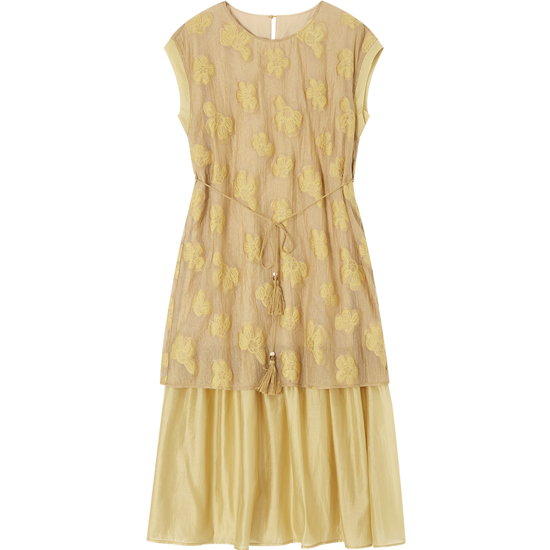 Demana Summer Elegant Floral Texture Tassel Waist Tie Slim Fit Dress with Lyocell Hem Splicing for Women
