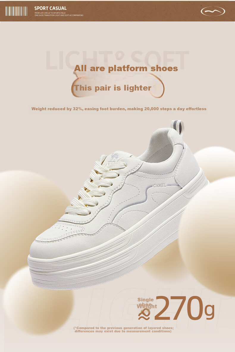 CAMEL Layered Shoes 2nd Generation Women's Versatile Patchwork Sports Casual Thick Sole Sneakers L26S255142 Off-White 38 5