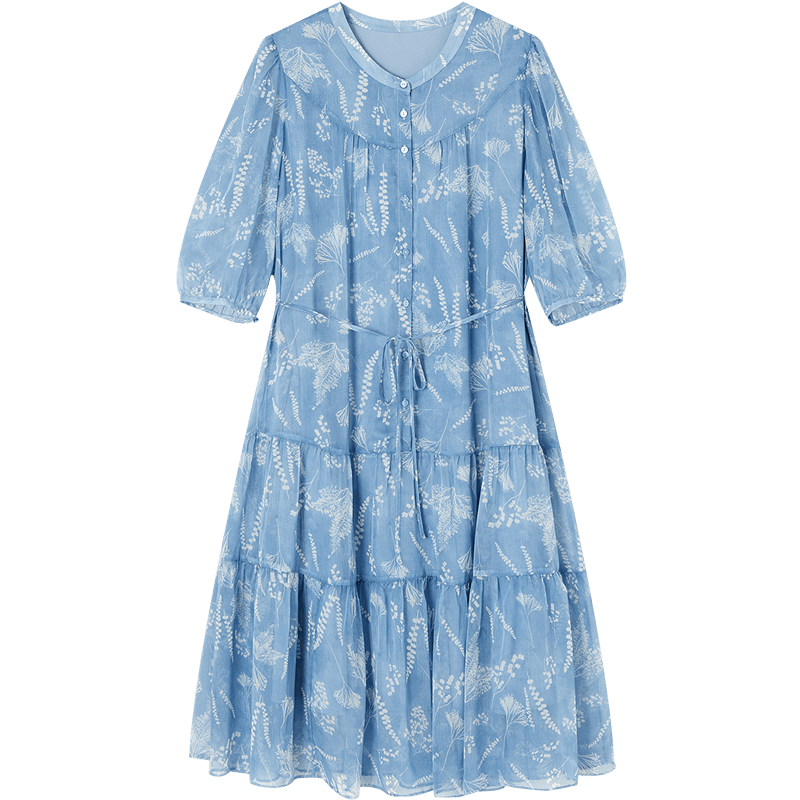 Demana Lightweight Summer Romantic Round Neck Printed Five-Sleeve Ruffle Hem Slim Fit Dress for Women Premium Quality