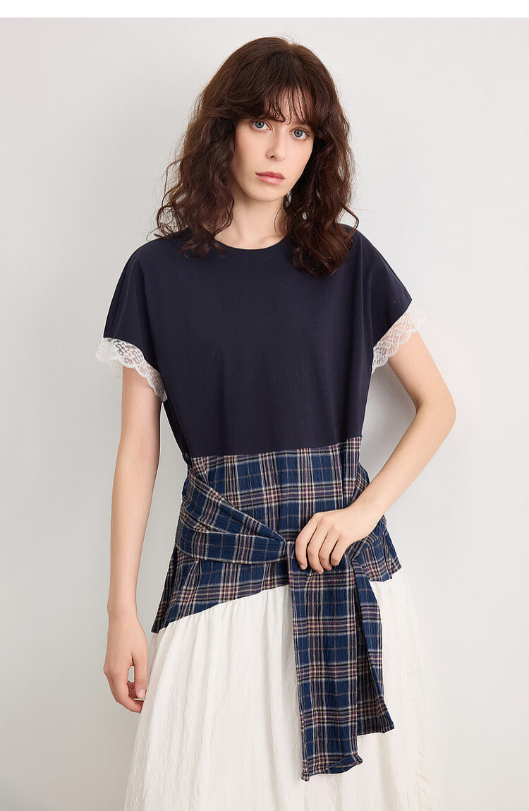 Demana Soft Cloud Oxygen Cotton Summer Korean Style Plaid Patchwork Lace Trim Elegant A-Line Mid-Length Dress for Women 18