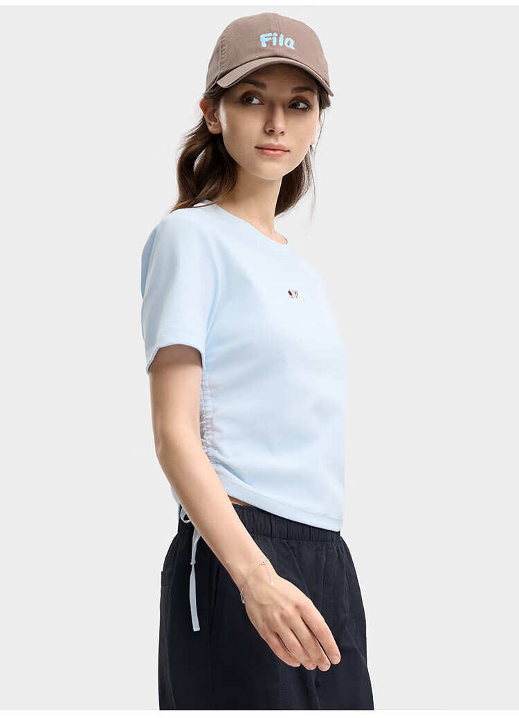 FILA Yang Mi Same Style Knitted Short Sleeve Shirt Women 2026 Summer Side Drawstring Fashion Casual Embroidered Logo Slim T-Shirt 44