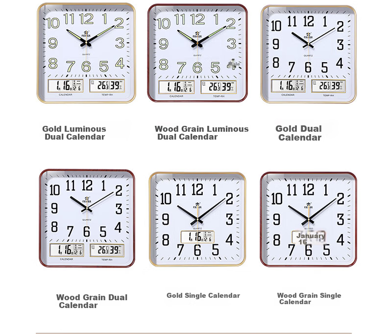 POWER Bawang Wall Clock Luminous Living Room Perpetual Calendar Square Quartz Wall Clock 37cm Wood Grain Color 22