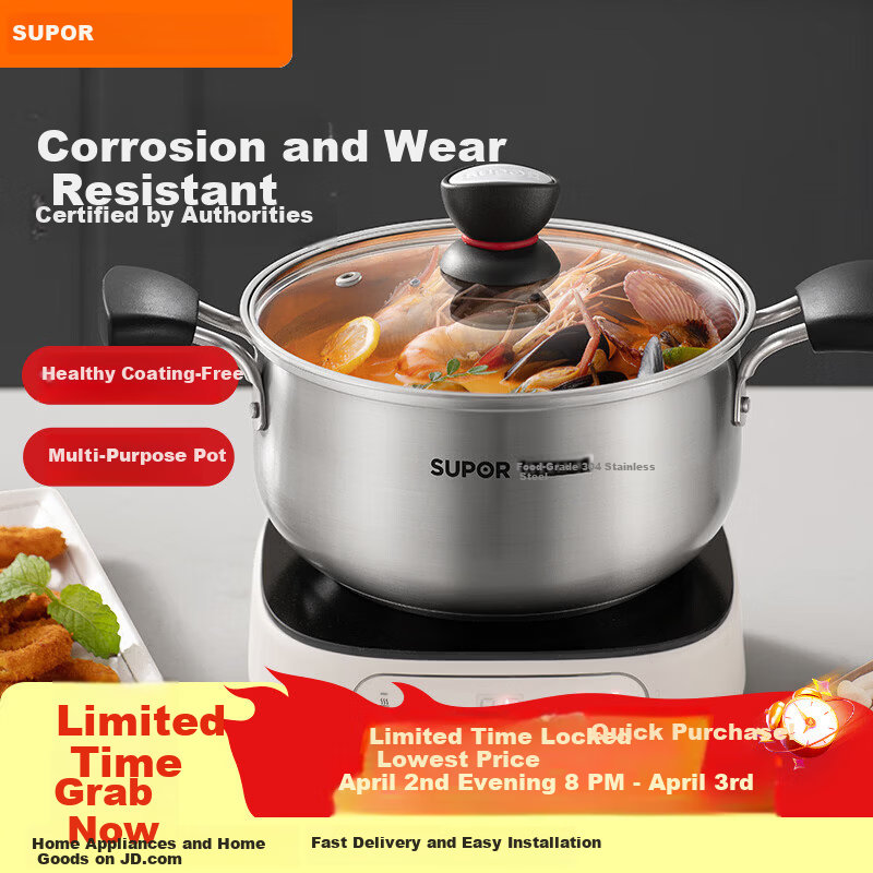 SUPOR Small Red Circle 304 Stainless Steel Soup Pot, Milk Pot, Noodle Cooking Pot, 24cm Noodle Cooking Pot with Reinforced Bottom, Compatible with Induction Cooker ST24H1