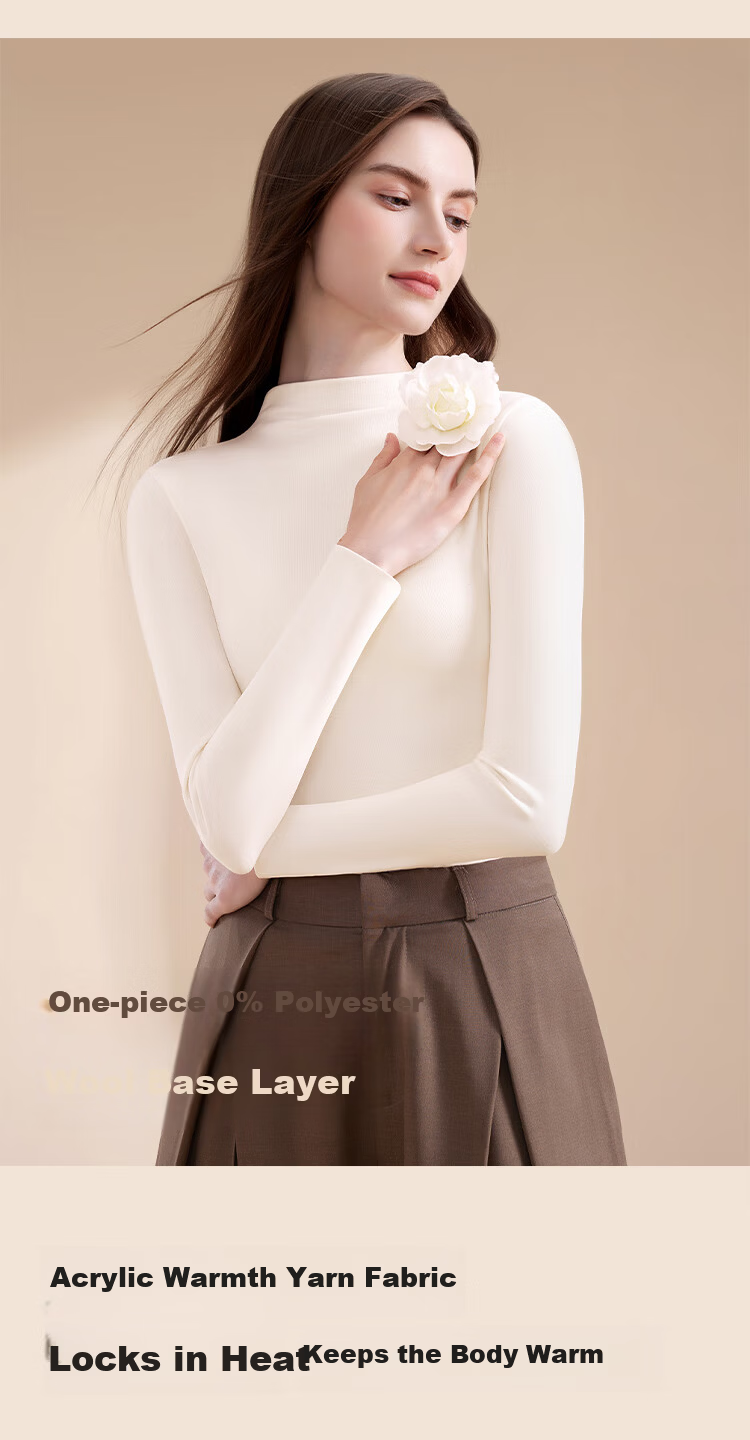 MiiOW Women's Wool Mid-Neck Base Shirt 2025 Autumn Winter Solid Color Slim Fit Long Sleeve Top 3