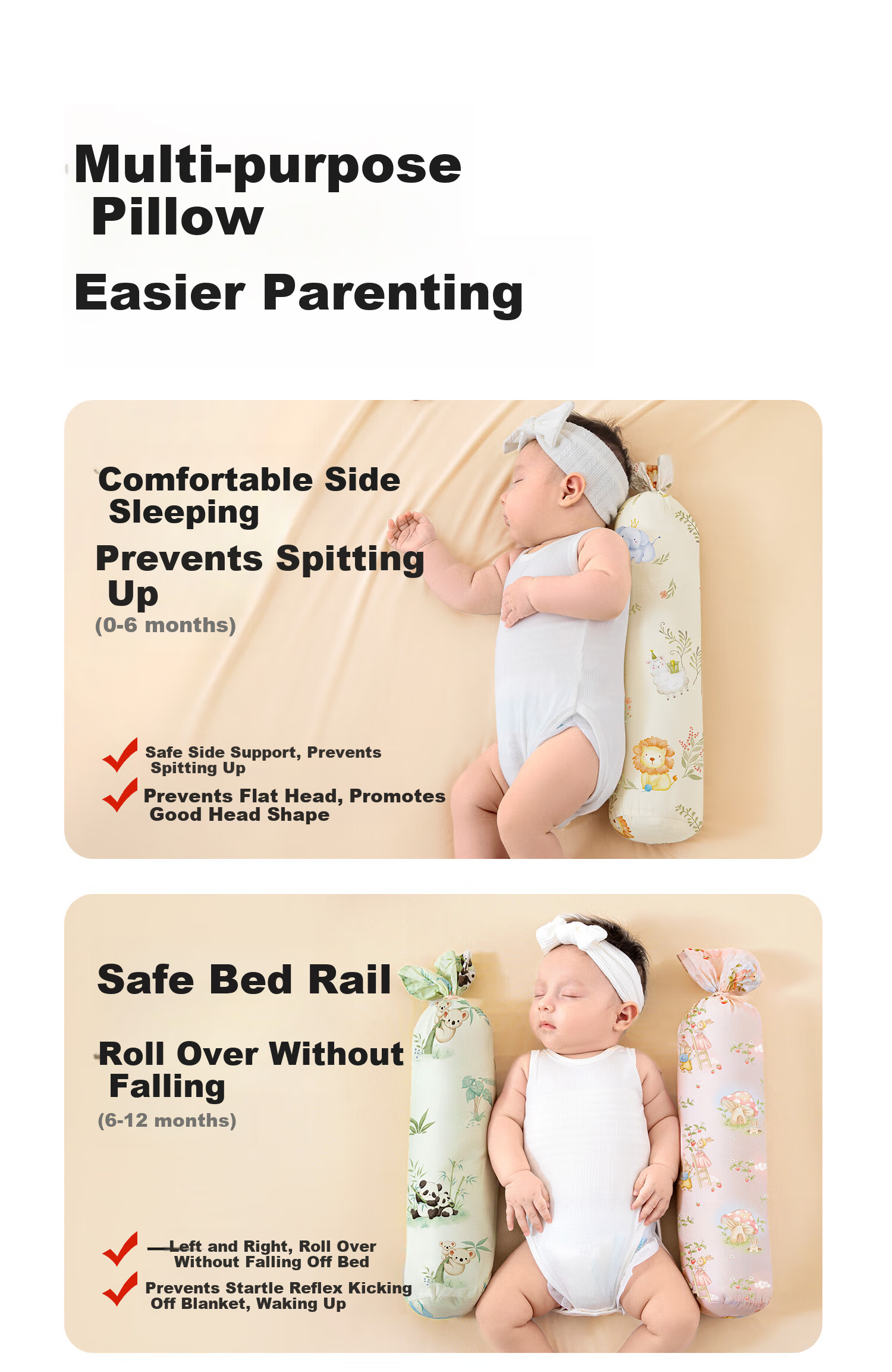 More Rabbit Baby Side Sleeping Support Pillow 0-6 Months Shaping Pillow Anti-Reflux and Turning Pillow for Infants 6