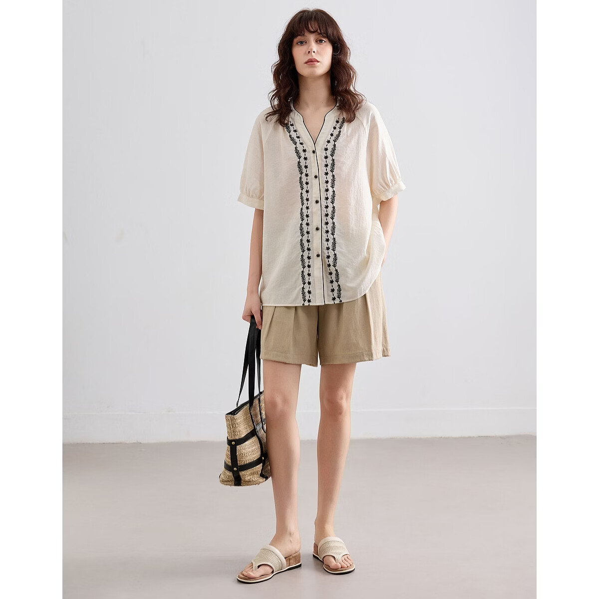 Demana Ethnic Style Color-Block Embroidered Shirt Women Summer New Literary V-Neck Loose Short Sleeve Top