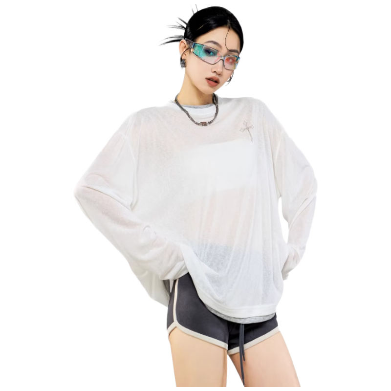 ICH MODE Women's Summer Physical Sun Protection Layered Look Lyocell Cooling Long Sleeve T-Shirt, Casual Top, Off-White, Size M