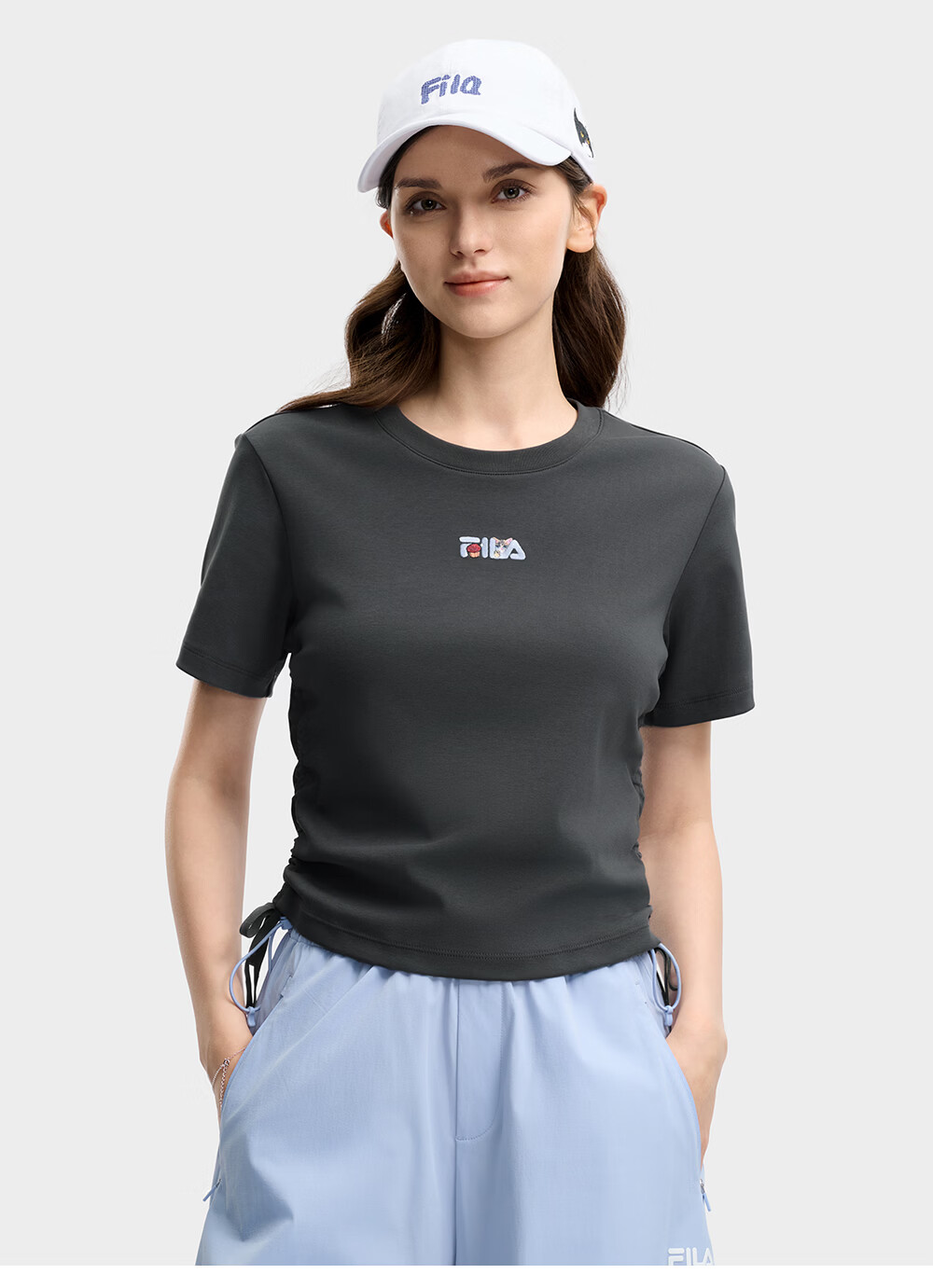 FILA Yang Mi Same Style Knitted Short Sleeve Shirt Women 2026 Summer Side Drawstring Fashion Casual Embroidered Logo Slim T-Shirt 38