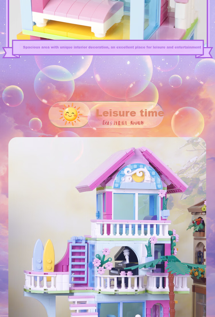 Gaozhile LE High-Difficulty Building Blocks Children's Educational Toy Girls Birthday Gift Summer Pink Villa Model 6-12 6
