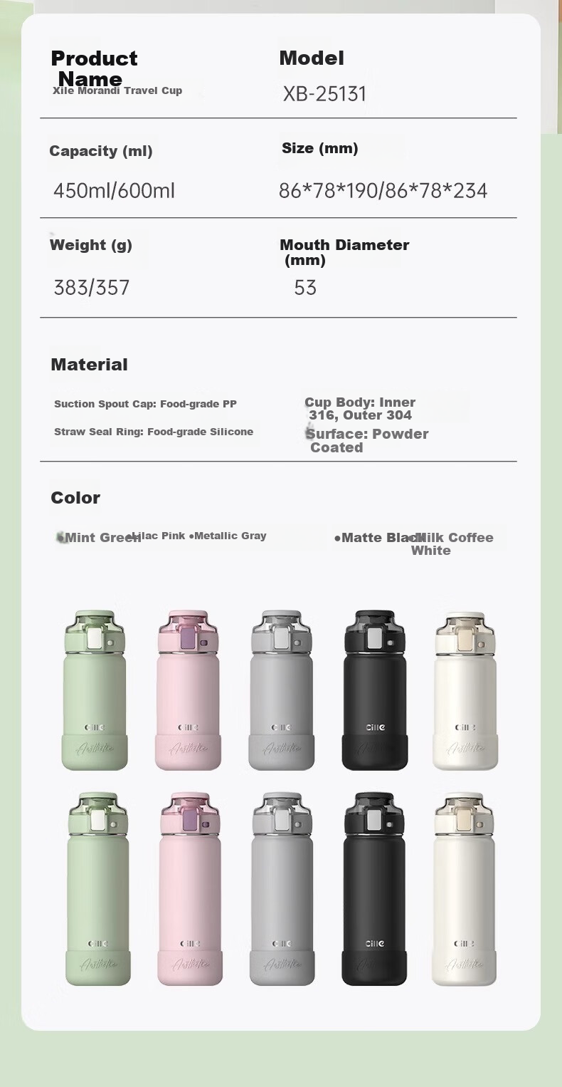Cille 316 Stainless Steel Insulated Large Capacity Men's Straw Cup Portable Sports Water Bottle Milk Coffee White 600ml 10
